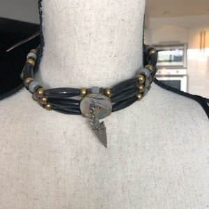 Tribal bohemian Choker with leather trim & pearlized arrowhead